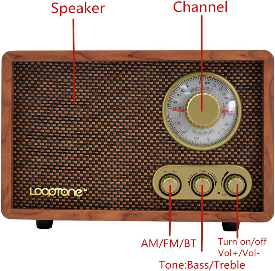 LoopTone AM FM Classic Retro Radio with Bluetooth Speaker,Vintage Wood Table Radio with Treble Bass Control for Kitchen Living Room with Rotary Knob Brown