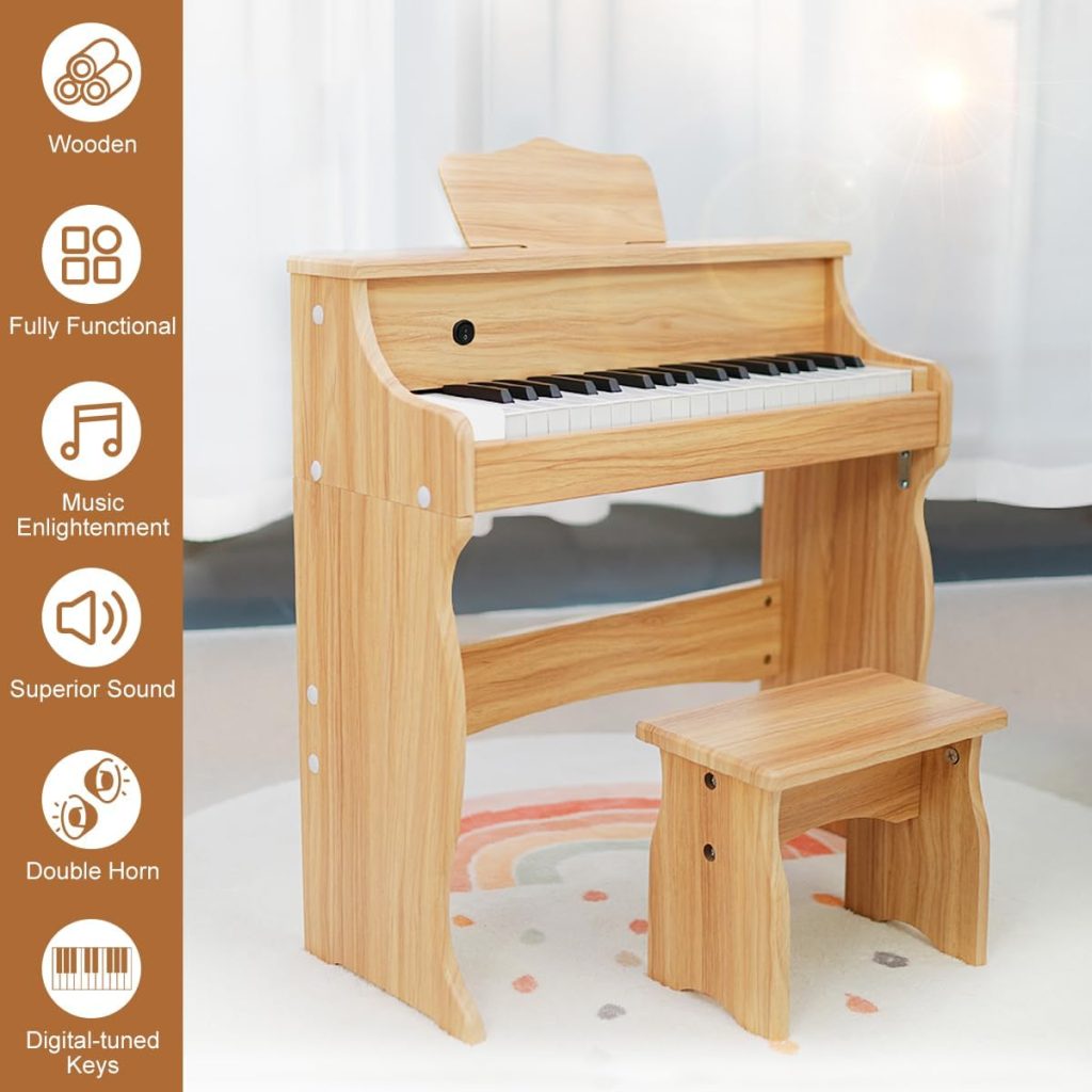 Losbenco Wooden Kids Piano, 37 Keys Toddler Piano Music Educational Instrument Toy with Music Stand, Color Coded keyboard Stickers, Multiple Sounds and Record Playback, Gift for 3 4 5 6 7 8 9Years Old