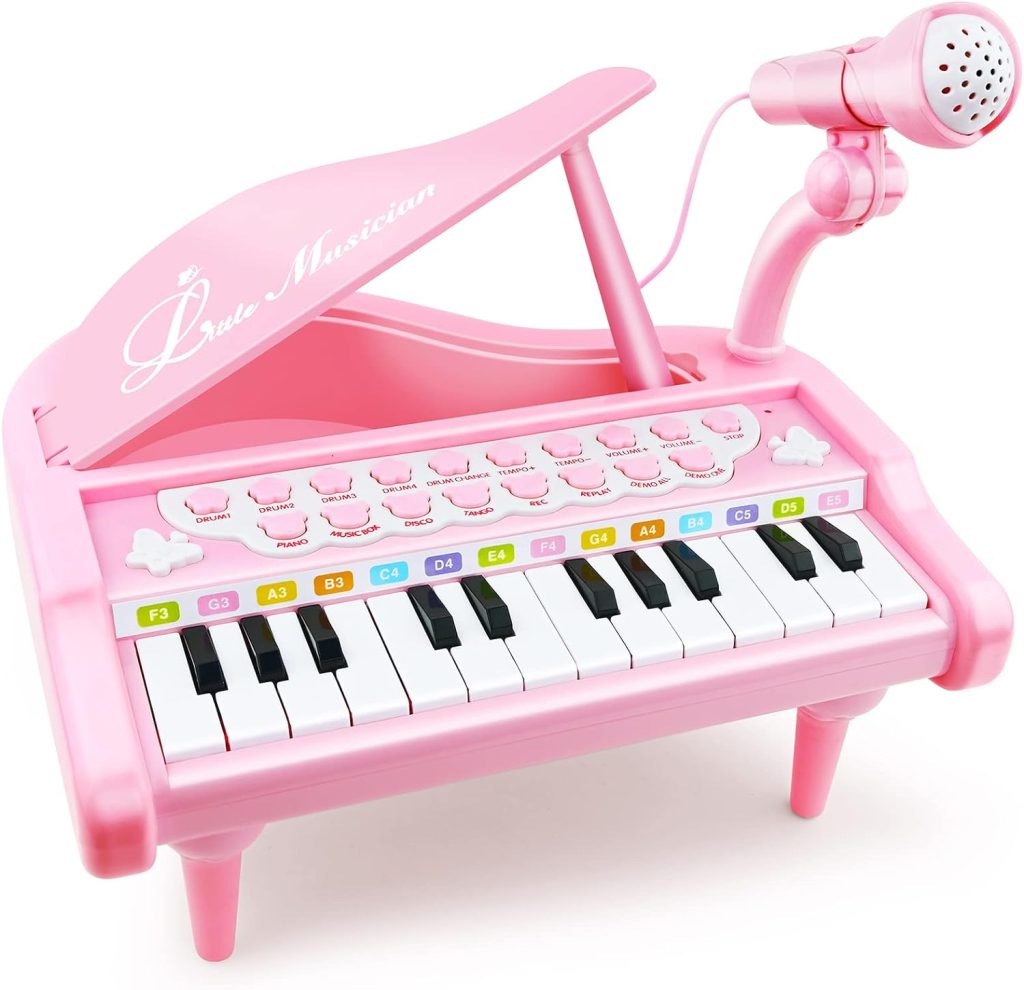 LoveMini Piano Toy Keyboard for Kids Birthday Gift Age 1+ Pink 24 Keys Toddler Piano Music Toy Instruments with Microphone
