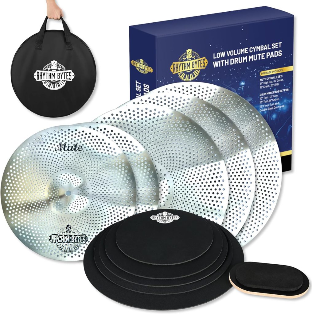 Low Volume Cymbal Pack with Drum Mute Pads, Complete 5pcs Mute Cymbal Set  6pcs Drum Dampeners, Quiet Cymbals 14/16/18/20 | Drum Mute Pak 10/12/13/14/16, 1 Bass Drum Mute Pad, Cymbal Bag