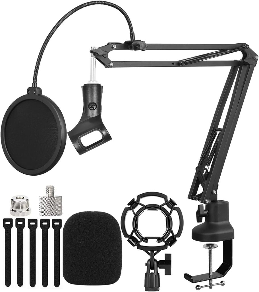 Luling Arts Boom Arm Suspension Mic Heavy Duty Microphone Arm for Blue Yeti, Hyperx Quadcast, Adjustable Boom Mic Stand Desk with Pop Filter, 1/4“-3/8“-5/8“ Adapter, Mic Mounts,Broadcast