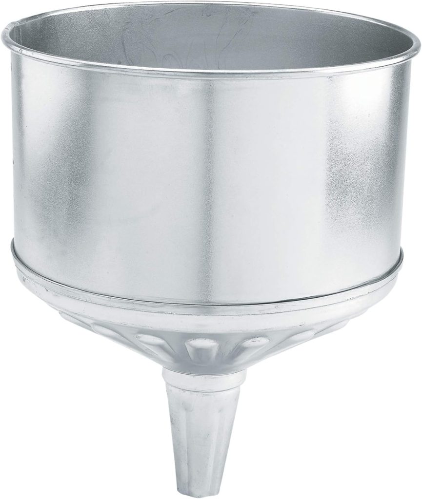 LUMAX LX-1708 Silver 8 Quart Galvanized Funnel with Removable Stainless-Steel Screen. Heavy-Duty Construction for Rugged use. Has a Fluted Bottom to Prevent Swirling.
