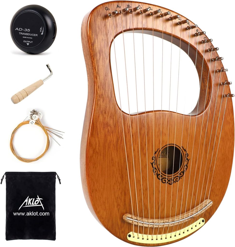 Lyre Harp, AKLOT 16 Metal Strings Maple Saddle Mahogany Body Lyra Harp with Carved Note Tuning Wrench Pick up Strings and Black Gig Bag
