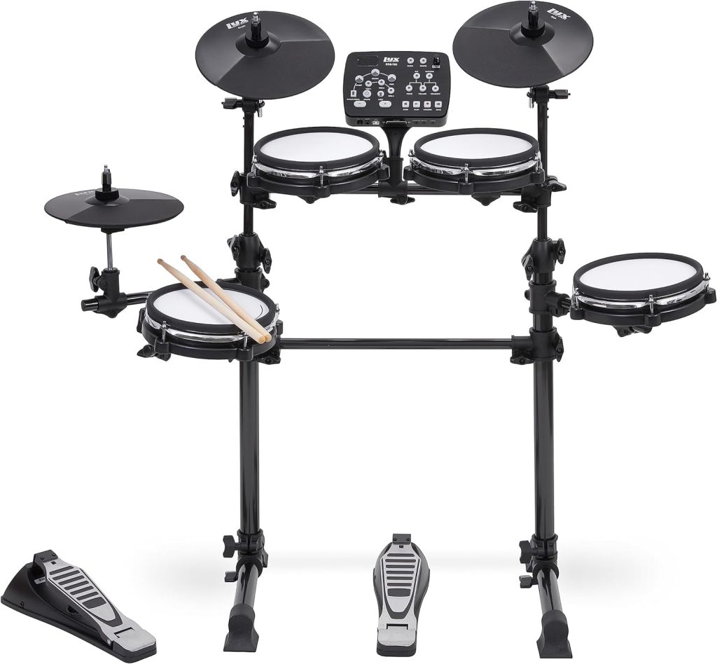 LyxJam 7-Piece Electronic Drum Kit, Professional Drum Set with Real Mesh Fabric, 209 Preloaded Sounds, 50 Play-Along Songs, Recording Capability, Cymbals  Kick Pedal, Drum Sticks And Key Included