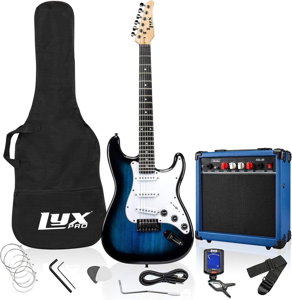 LyxPro 39 inch Electric Guitar Kit Bundle with 20w Amplifier, All Accessories, Digital Clip On Tuner, Six Strings, Two Picks, Tremolo Bar, Shoulder Strap, Case Bag Starter kit Full Size - Blue