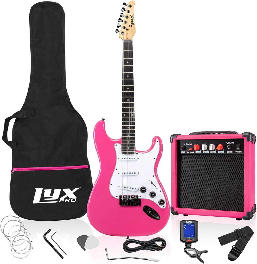 LyxPro 39 inch Full Size Electric Guitar with 20w Amp, Package Includes All Accessories, Digital Tuner, Strings, Picks, Tremolo Bar, Shoulder Strap, and Case Bag Complete Beginner Starter kit - Pink