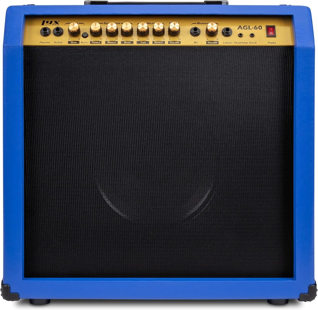 LyxPro 60 Watt Electric Guitar Amplifier | Combo Solid State Studio  Stage Amp with 10” 4-Ohm Speaker, Custom EQ Controls, Drive, Delay, ¼” Passive/Active/Mic Inputs, Aux In  Headphone Jack - White