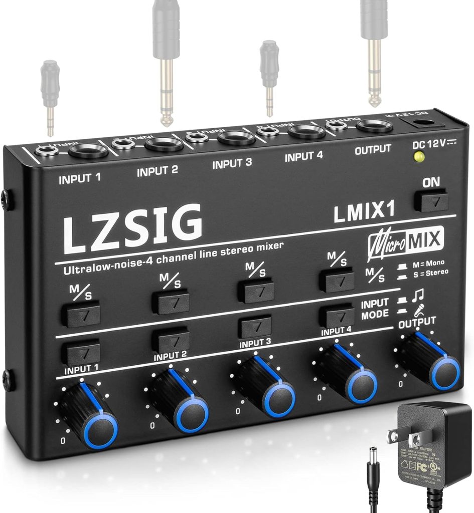 LZSIG Mini Audio Mixer,Stereo Line Mixer for Sub-Mixing,Ultra Low-Noise,4-Channel,Microphone Independent Control, 1/4  1/8 TRS Output and Input, for Guitars,Bass,Keyboards or Stage Mixer Extension