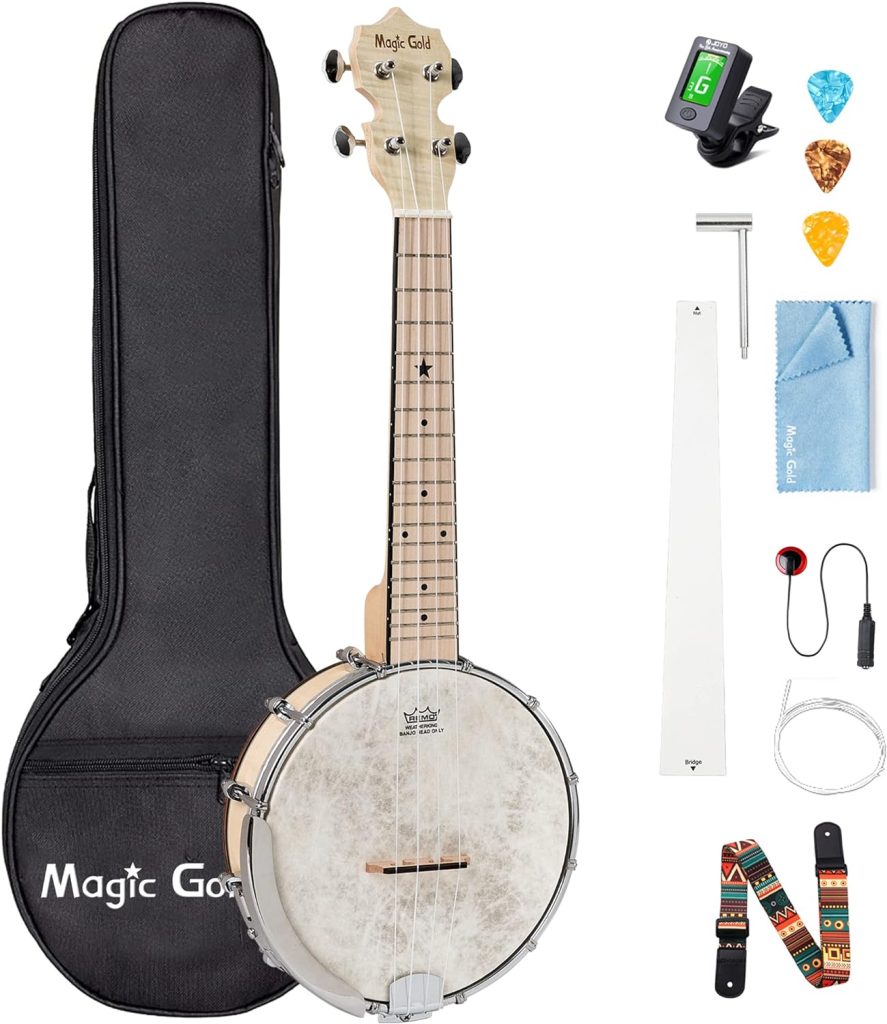 Magic Gold Banjolele, Concert 23 Inch 4 String Banjo Ukulele with Armrest, Maple Banjo Uke with Beginner Kit