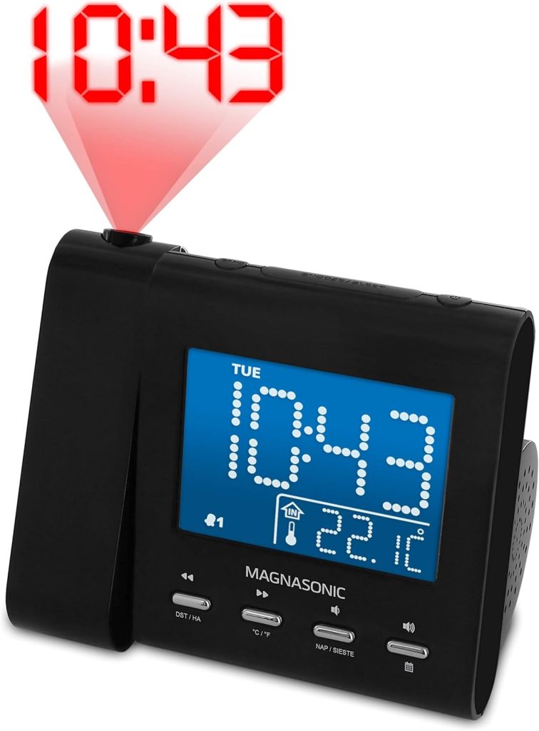 Magnasonic Projection Alarm Clock with AM/FM Radio, Battery Backup, Auto Time Set, Dual Alarm, Nap/Sleep Timer, Indoor Temperature/Date Display with Dimming  3.5mm Audio Input - Black (EAAC601)