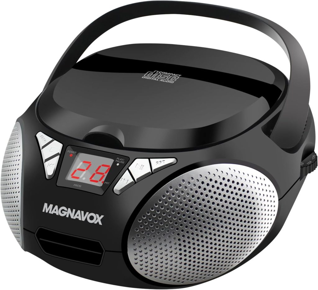 Magnavox MD6924 Portable Top Loading CD Boombox with AM/FM Stereo Radio in Black | CD-R/CD-RW Compatible | LED Display | AUX Port Supported | Programmable CD Player |