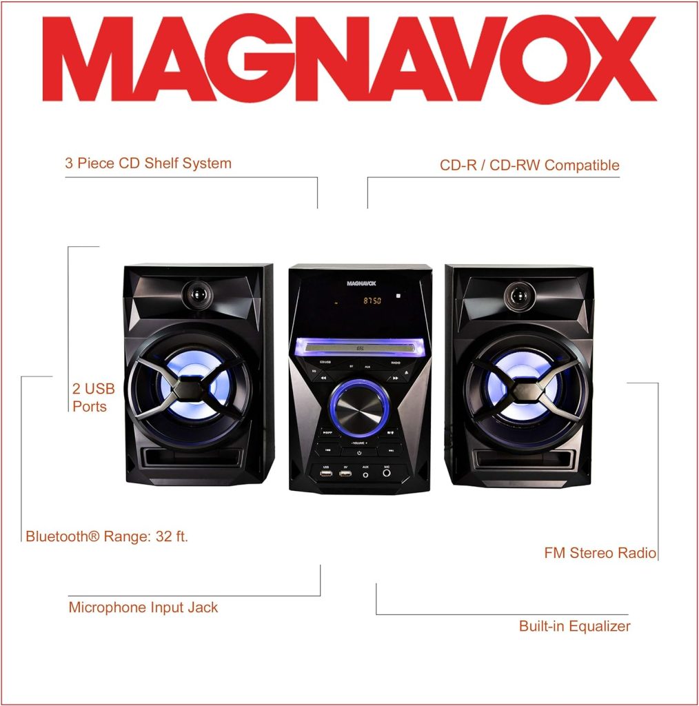 Magnavox MM441 3-Piece CD Shelf System with Digital PLL FM Stereo Radio, Bluetooth Wireless Technology, and Remote Control in Black | Blue Colored Speaker Lights | LED Display | AUX Port Compatible |