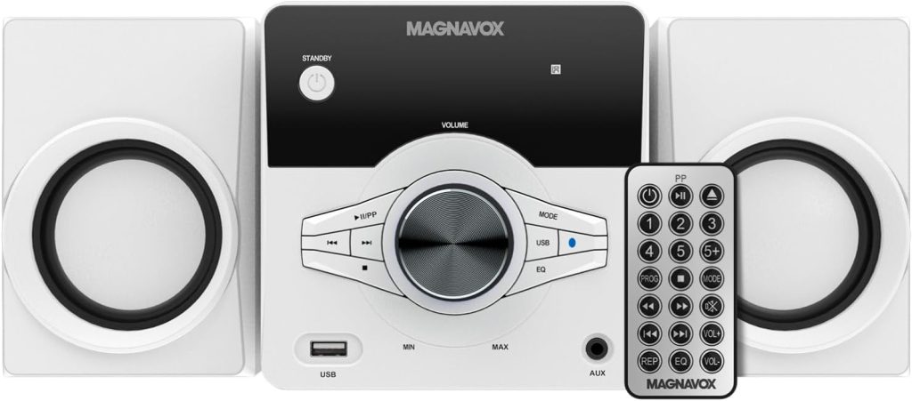 Magnavox MM442-WH 3-Piece Top Loading CD Shelf System with Digital PLL FM Stereo Radio, Bluetooth Wireless Technology, and Remote Control in White | Blue Lights | LED Display | AUX Port Compatible |
