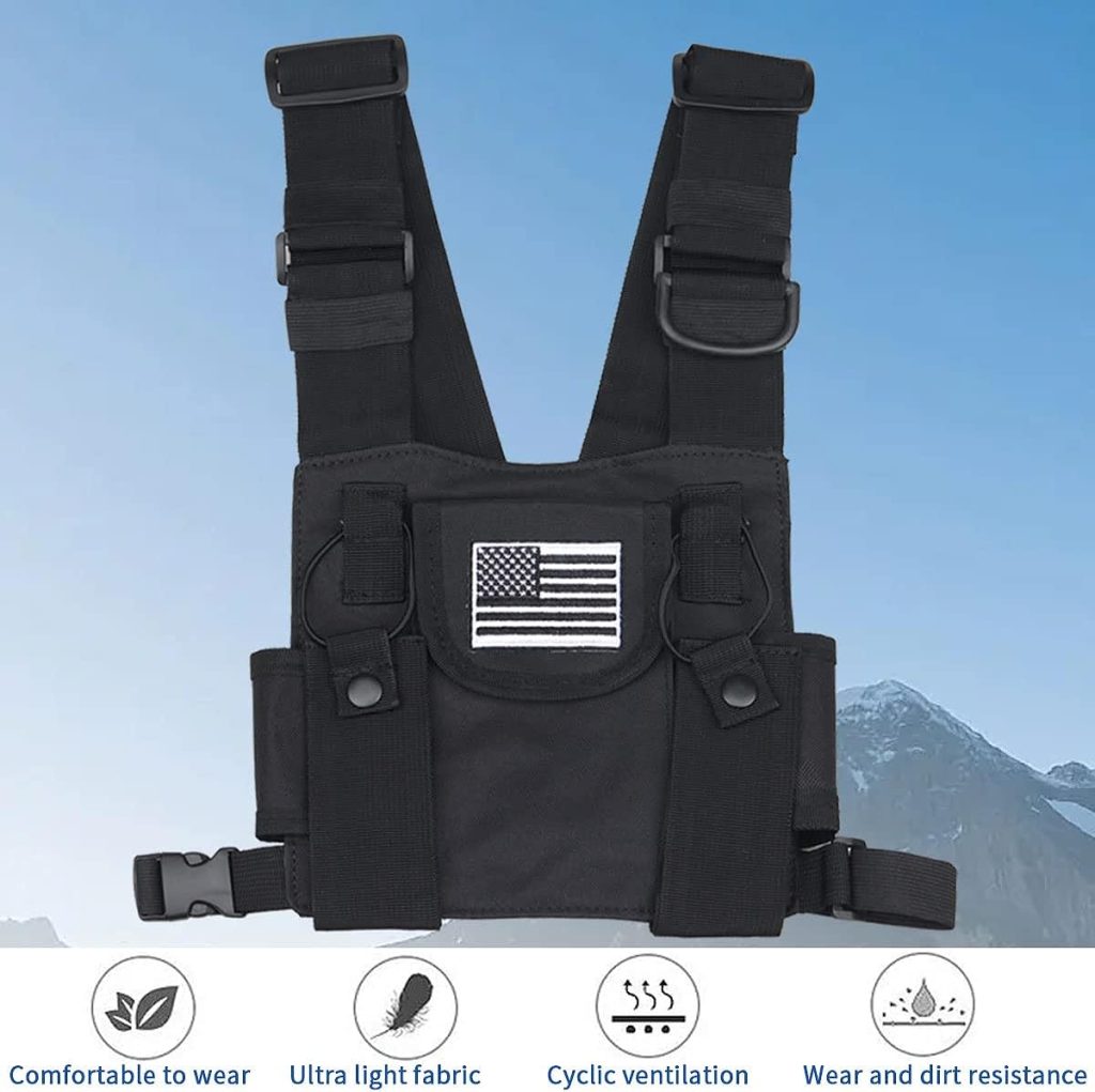 MANGEMA Radio Shoulder Holster Chest Harness Holder Vest Rig for Two Way Radio Chest Front Pack Pouch Walkie Talkie Case with Front Pouches for Motorola Kenwood Retevis Baofeng UV-5R F8HP UV-82 888S (Black)