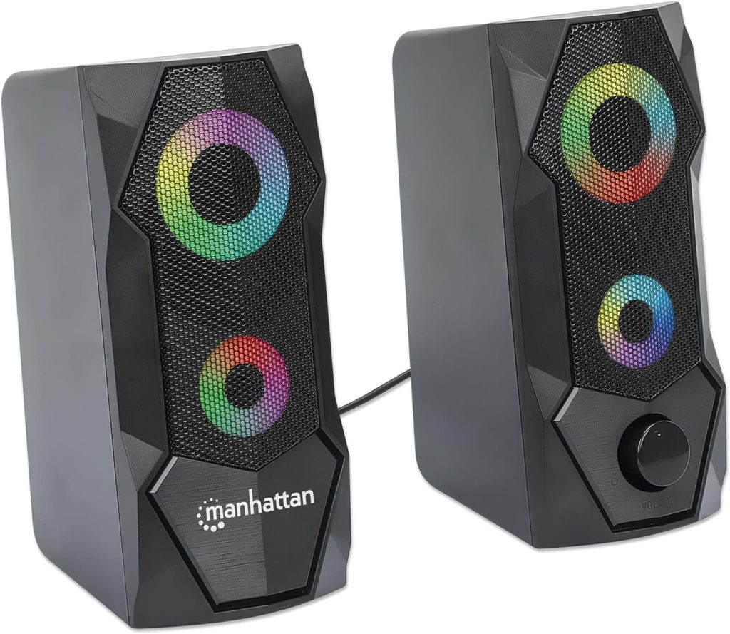 Manhattan USB Powered RBG Gaming Speakers - with Stereo Sound, Long 6ft Cord, Colorful Lights, Volume Control  3.5 mm Audio Plug – for Computer, Monitor, Laptop, PC, Desktop -3 Yr Mfg Warranty–168359