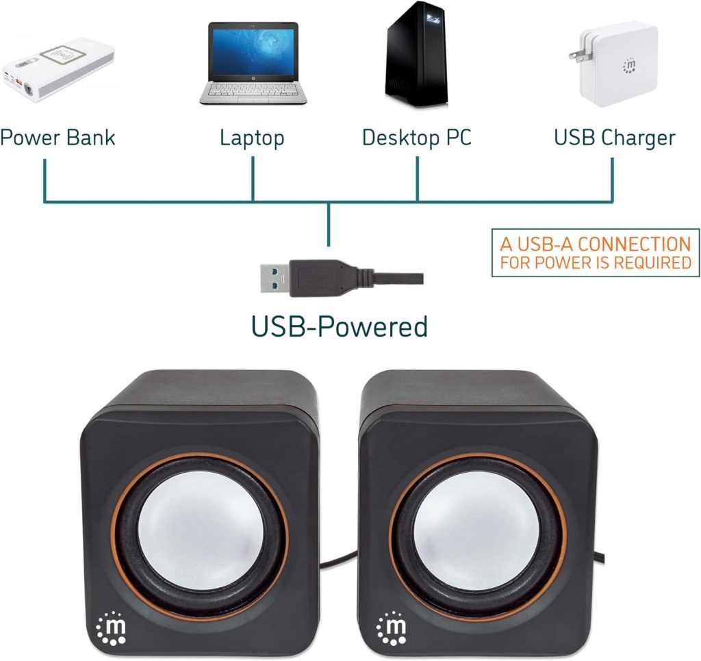 Manhattan USB Powered Stereo Speaker System - Small Size - with Volume Control  3.5 mm Aux Audio Plug to Connect to Laptop, Notebook, Desktop, Computer - 3 Yr Mfg Warranty - Black Orange, 161435