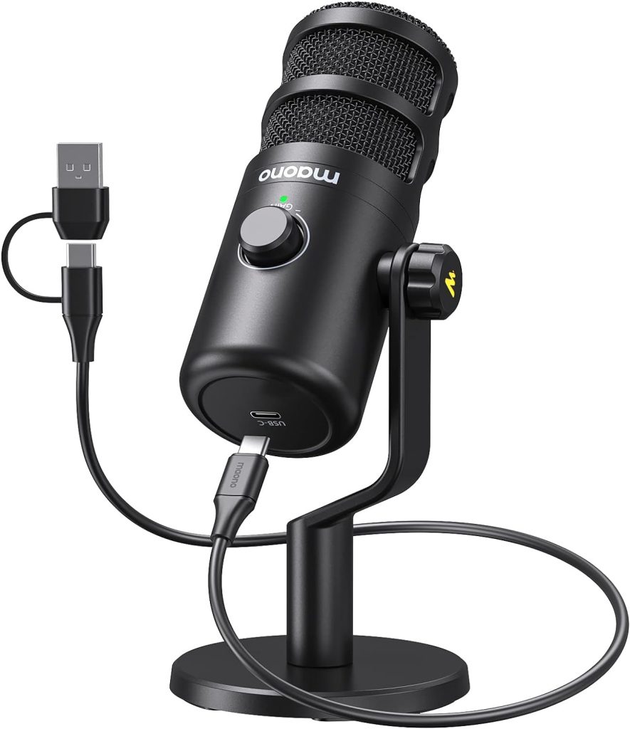 MAONO USB Dynamic Microphone, Podcast Recording Microphone with Gain Knob, Plug  Play, Metal Structure, Voice-Isolating Technology, Cardioid Studio PC Mic for Streaming, Vocal, Home Studio-PD100U