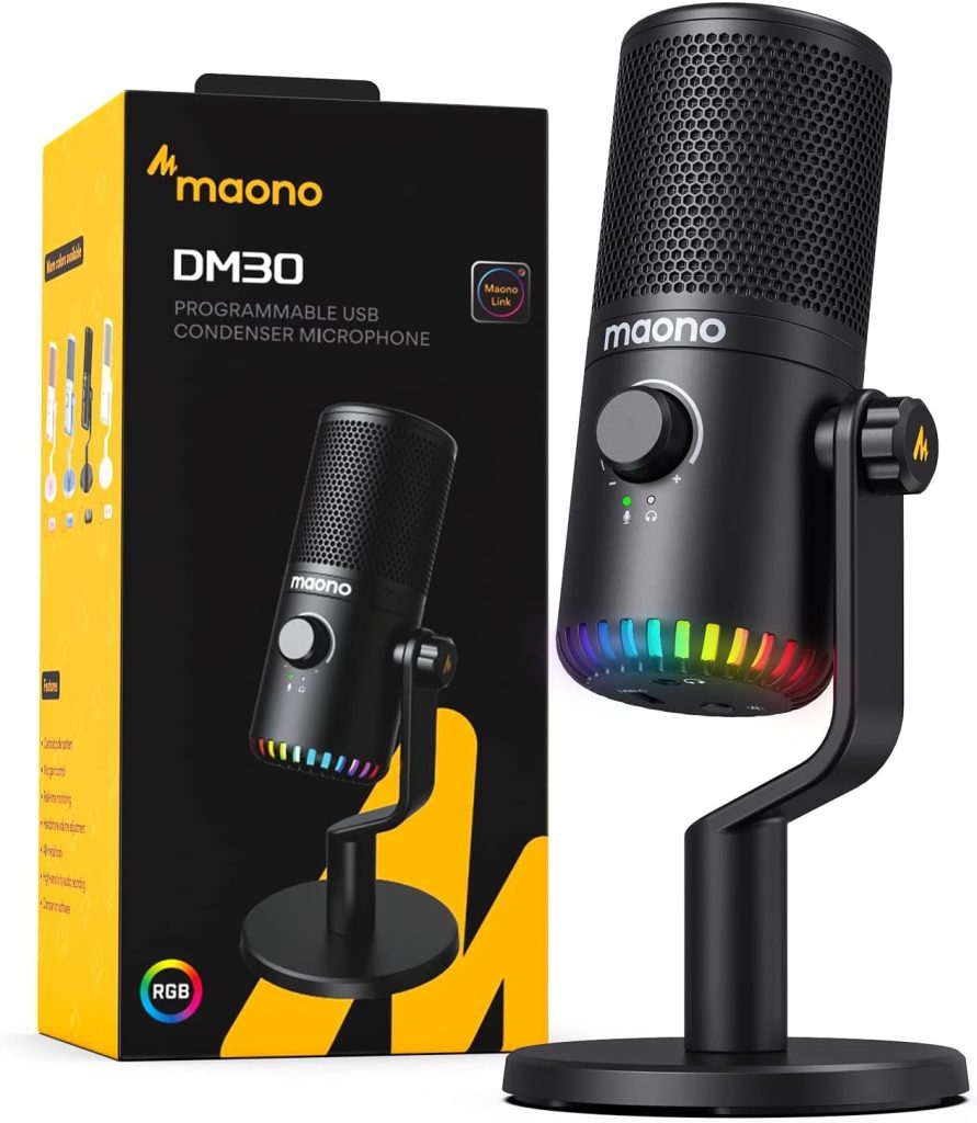 MAONO USB Gaming Microphone for PC, Programmable Condenser Mic with RGB Light, Mute, Gain, Monitoring, Volume Control for Streaming, Podcast, Twitch, YouTube, Discord, Computer, Mac, PS5, DM30 (Black)