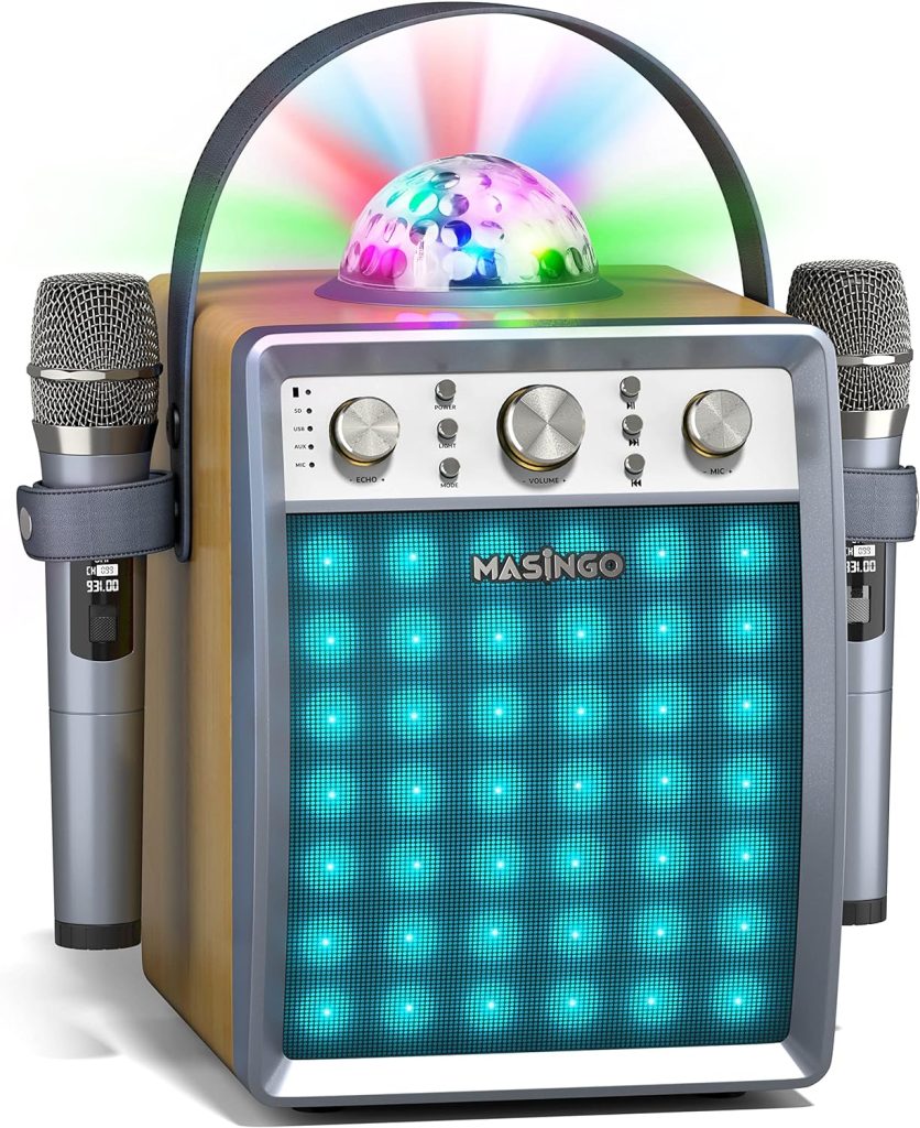 MASINGO 2023 Karaoke Machine for Adults and Kids with 2 Wireless Microphones, Portable Singing PA Speaker System Set with 2 Bluetooth Mics, Disco Ball Party Lights  TV Cable, Ostinato M7
