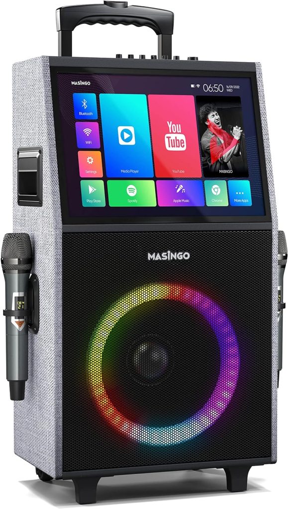 MASINGO 2023 New Professional Karaoke Machine with Lyrics Display Screen for Adults and Kids - Bluetooth Portable PA Speaker System with WiFi, Built-in 15 Tablet, LED Lights + 2 Wireless Microphones