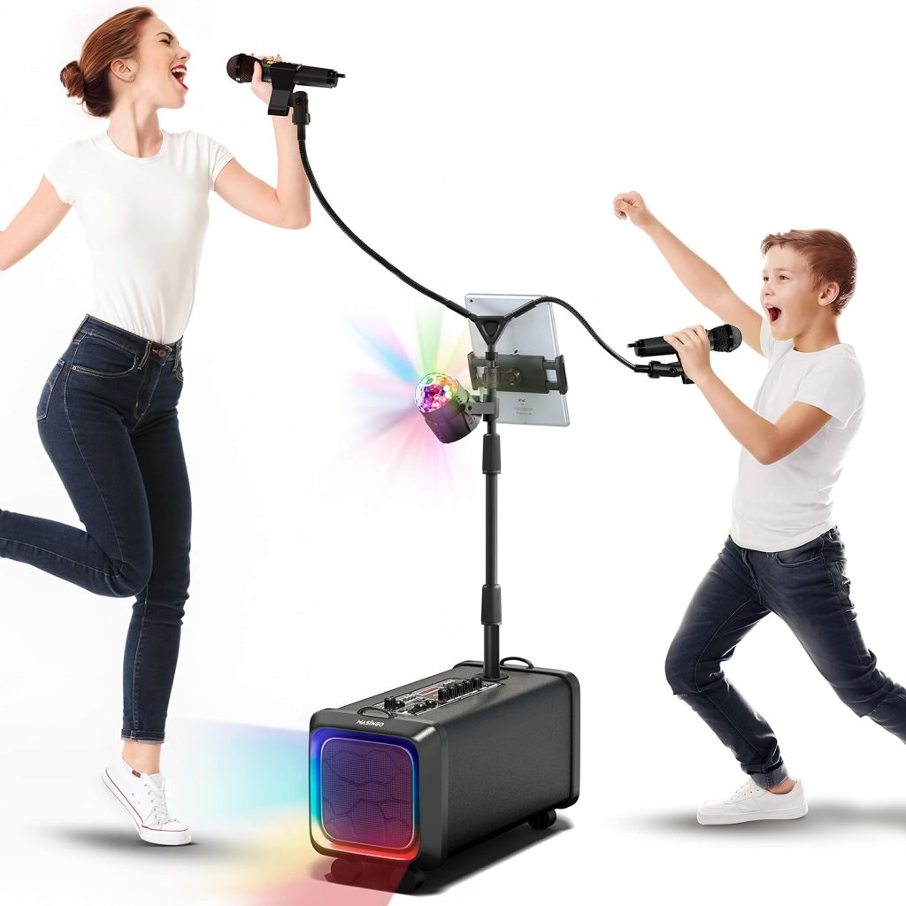 MASINGO Bluetooth Karaoke Machine for Adults and Kids - 2 Wireless Karaoke Microphones with Duet Mic Stand - Portable PA Speaker System, Disco Ball, Party Lights, TV Cable  Guitar Plug in - Lento X5