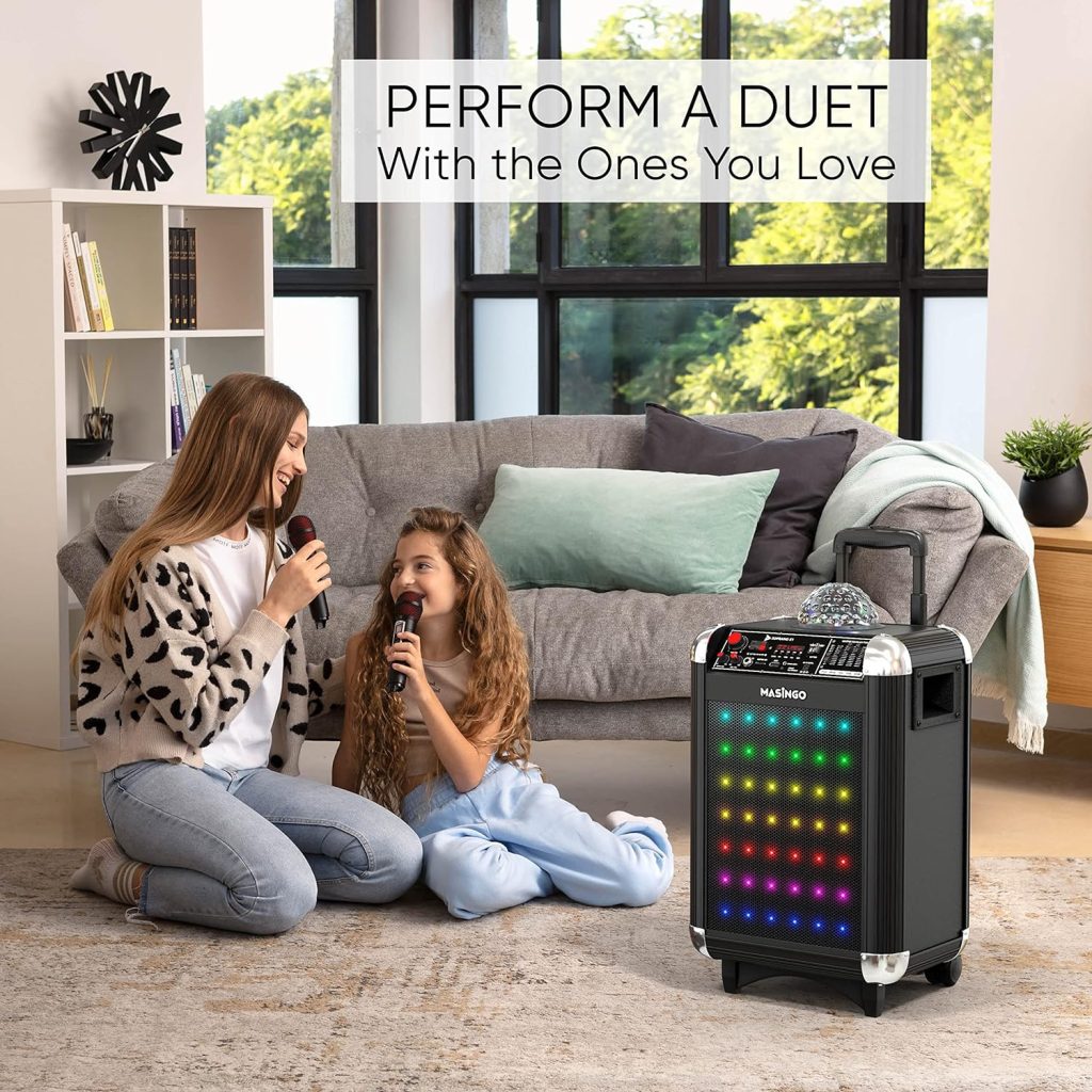 MASINGO Karaoke Machine for Adults and Kids with 2 Bluetooth Wireless Microphones. Portable Singing PA Speaker System with Party Lights, Lyrics Display Holder, and TV Cable. Soprano X1 Black