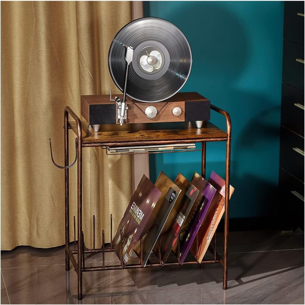 MAWEW Record Player Stand,Turntable Stand,Record Player Table, Vintage Wooden，Turntable Stand with Record Storage. （Bronze）