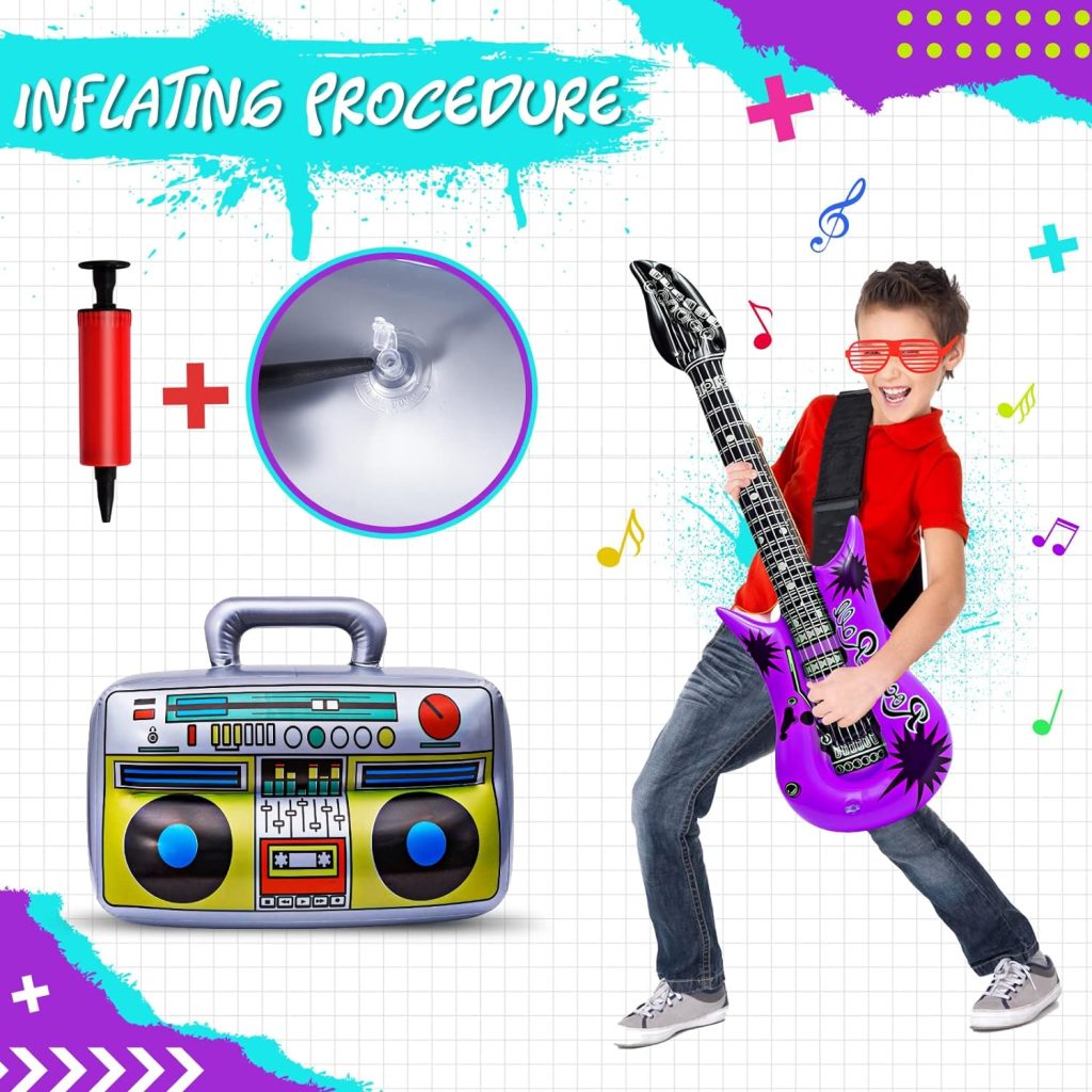 Max Fun Inflatable Rock Star Toy Set, 48pcs Inflatable Party Props for Kids 80s 90s Party Decorations Inflatable Guitars Inflate Rock Band Assortment Party Favors (Random Color)