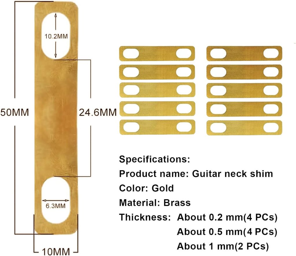 MAXCHEER 10PCS Guitar Neck Shims 4Pcs 0.2mm, 4Pcs 0.5mm and 2Pcs 1mm Thickness Brass Shims for Guitar and Bass Bolt-on Neck Repair(Gold)