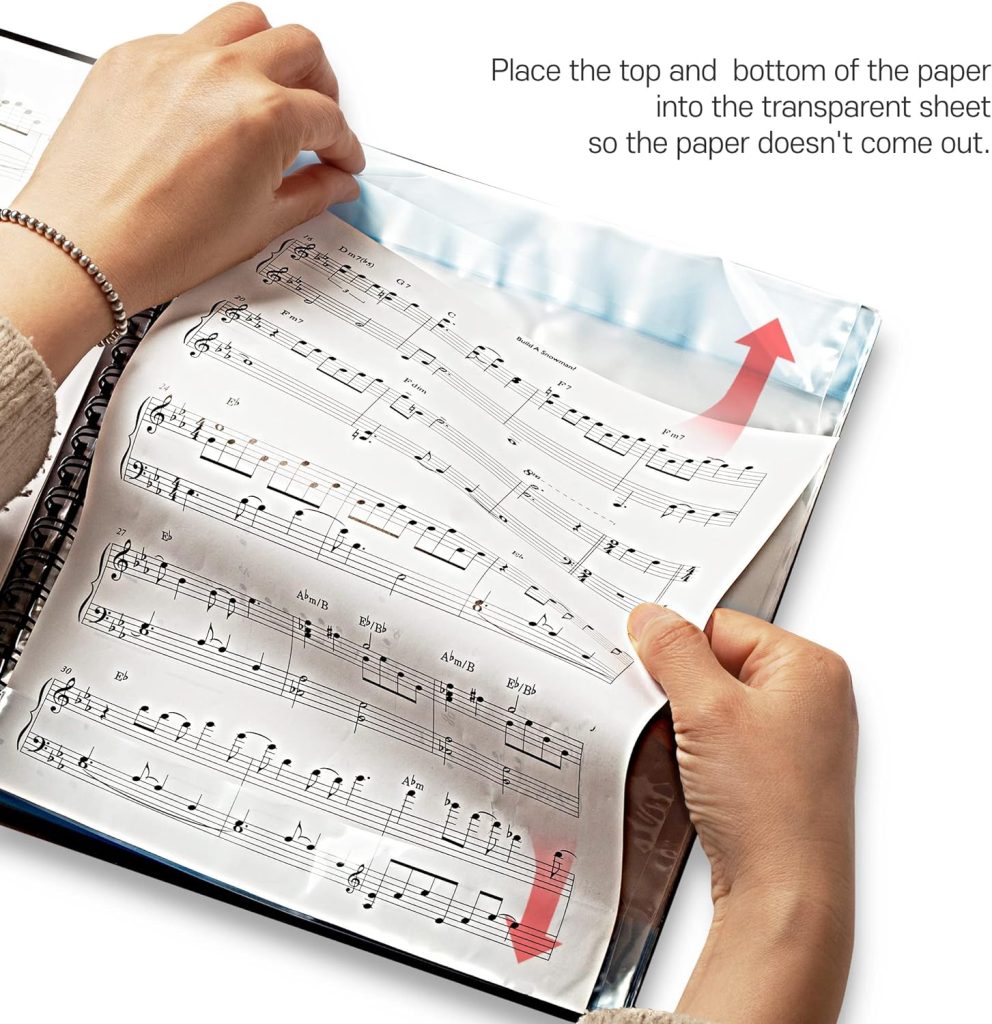 MECCALINE Sheet Music Folder (Letter, 1 Pack) – 40 Sleeves Display 80 Pages Spiral Binder Organizer for Music Stand – Fits Letter Size 8.5 x 11 Inch – Direct Page Writing with Detachable Name Tag