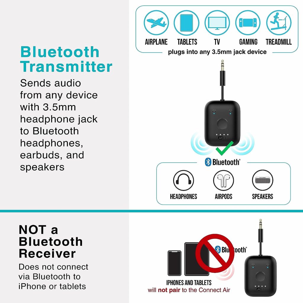 MEE audio Connect Air in-Flight Bluetooth Wireless Audio Transmitter Adapter for up to 2 AirPods/Other Headphones; Works with All 3.5mm Aux Jacks on Airplanes, Gym Equipment, TVs,  Gaming Consoles