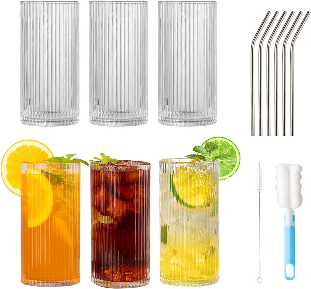 megarte Ribbed Glassware Vintage Drinking Glasses - 14 oz Vintage Glassware with Straw Set of 6 Highball Origami Style Glass Cups Fluted Vertical Stripes Tumblers Juice Drinking Cups Dishwasher Safe