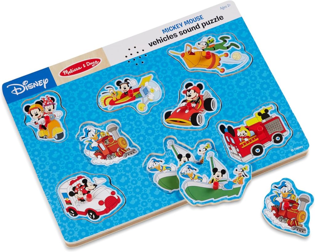 Melissa  Doug Disney Mickey Mouse and Friends Vehicles Sound Puzzle (8 pcs) - Mickey Mouse Toddler Toys, Wooden Sound Puzzles For Toddlers Ages 2+