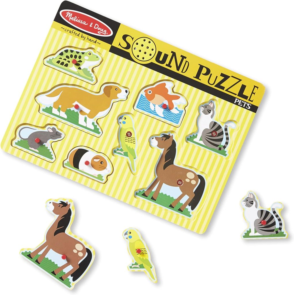 Melissa  Doug Pets Sound Puzzle - Wooden Peg Puzzle With Sound Effects (8 pcs) - Chunky Baby Puzzle, Animal Sounds Puzzles For Toddlers And Preschoolers Ages 2+