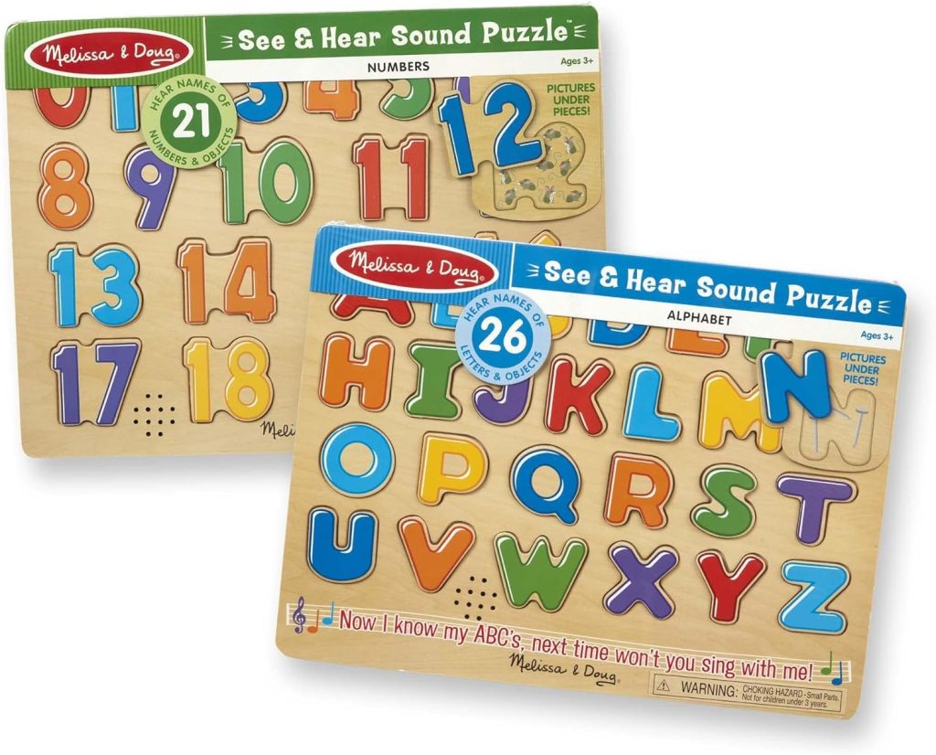 Melissa  Doug Sound Puzzles Set: Numbers and Alphabet - Wooden Peg Puzzles - ABC Sounds Puzzle For Toddlers, Number Puzzles For Toddlers And Kids Ages 3+