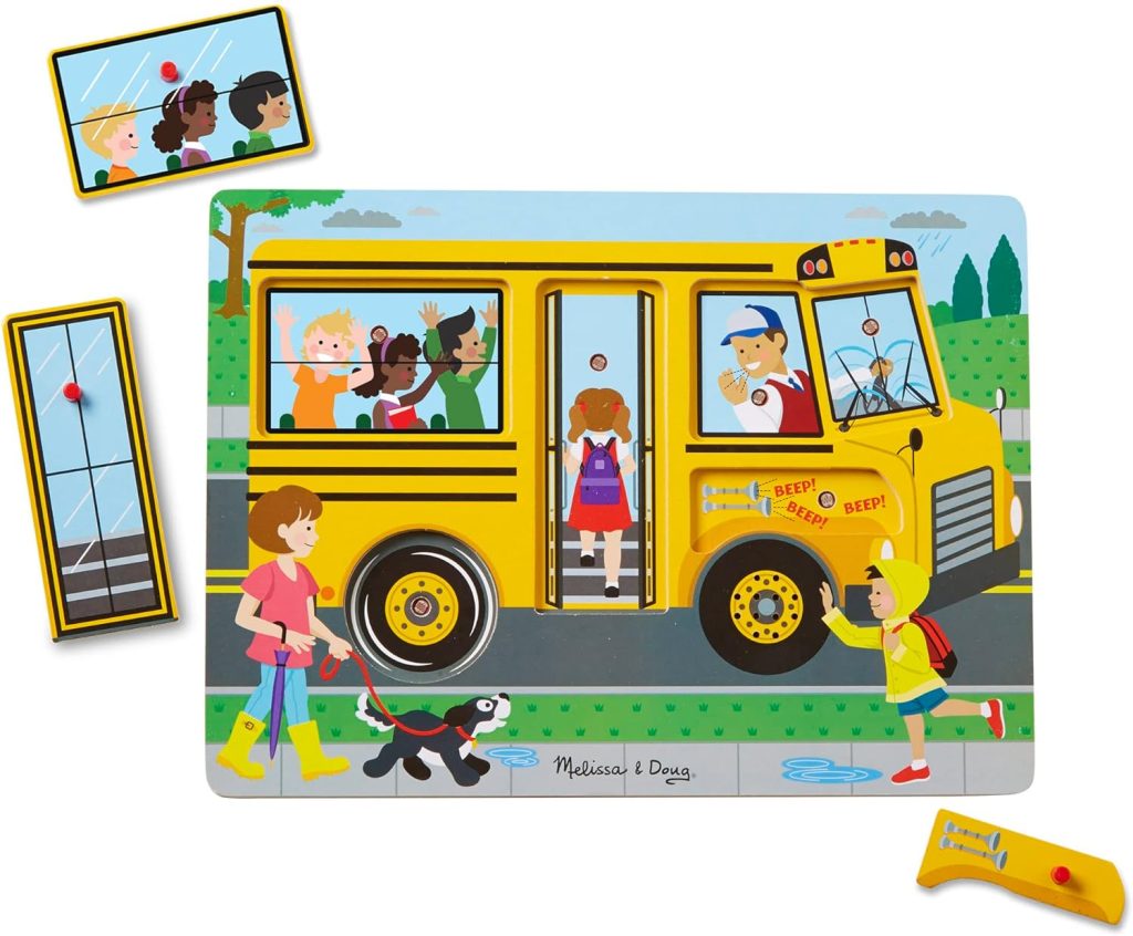 Melissa  Doug The Wheels on the Bus Sound Puzzle - School Bus Puzzle, Wooden Puzzle For Kids and Toddlers Ages 2+