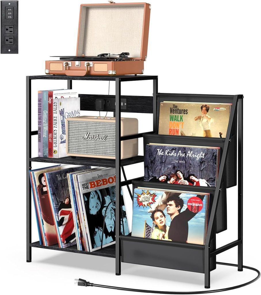 melos Record Player Table, 3-Tier Record Player Stand with Charging Station, Turntable Stand with 3-Tier Vinyl Record Storage, End Table Nightstand for Vinyl Records, Living Room, Bedroom,Black