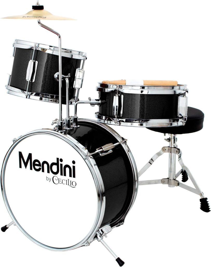 Mendini by Cecilio 13 inch 3-Piece Kids/Junior Drum Set with Throne, Cymbal, Pedal  Drumsticks, Metallic Black, MJDS-1-BK