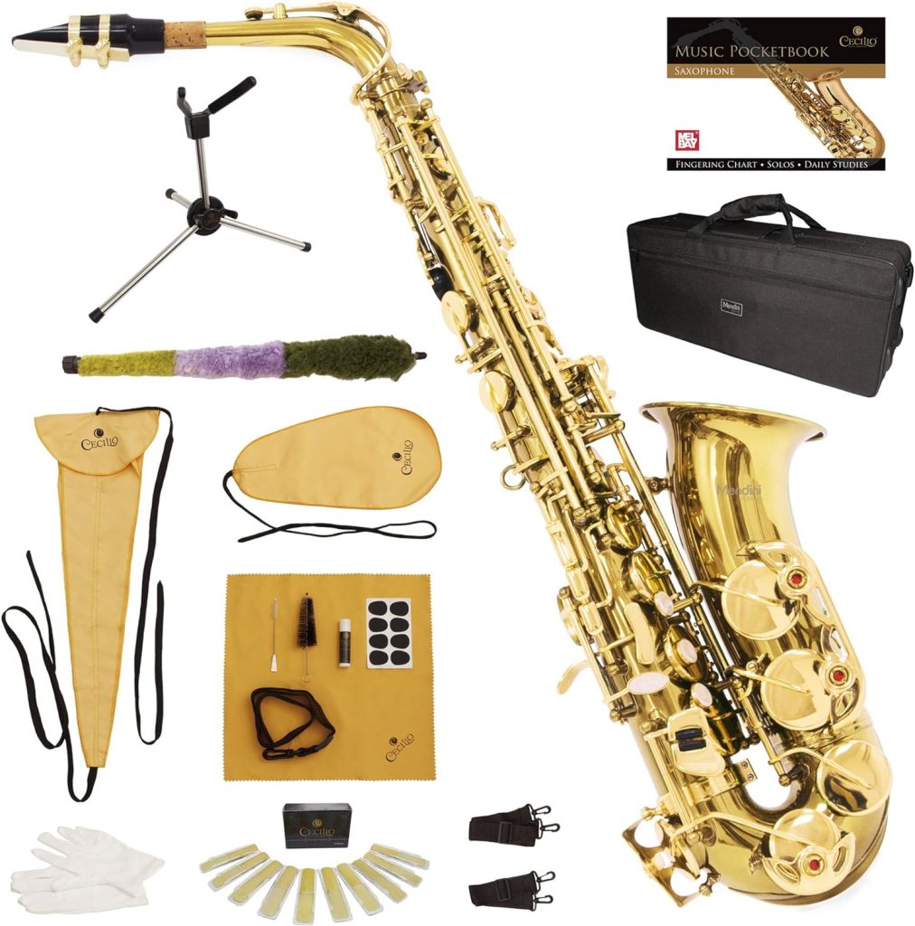 Mendini By Cecilio Alto Saxophone - E Flat Saxophones w/Case, Mouthpiece, Stand, Reeds  Cloths