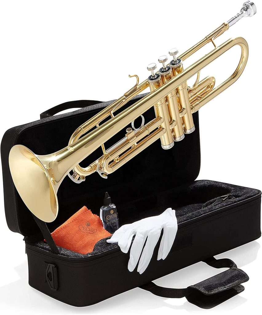 Mendini By Cecilio Bb Trumpet - Trumpets for Beginner or Advanced Student w/Case, Cloth, Oil, Gloves - Brass Musical Instruments For Kids  Adults