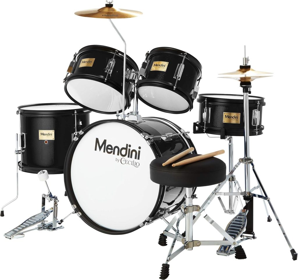 Mendini By Cecilio Kids Drum Set - Starter Drums Kit with Bass, Toms, Snare, Cymbal, Hi-Hat, Drumsticks  Seat - Musical Instruments Beginner Sets, Black Drum Set