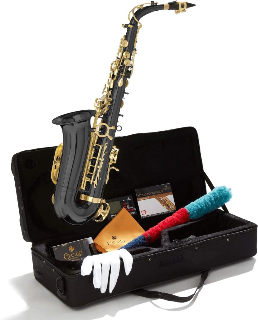 Mendini by Cecilio Tenor Saxophone, L+92D B Flat, Case, Tuner, Mouthpiece, Black with Gold Keys