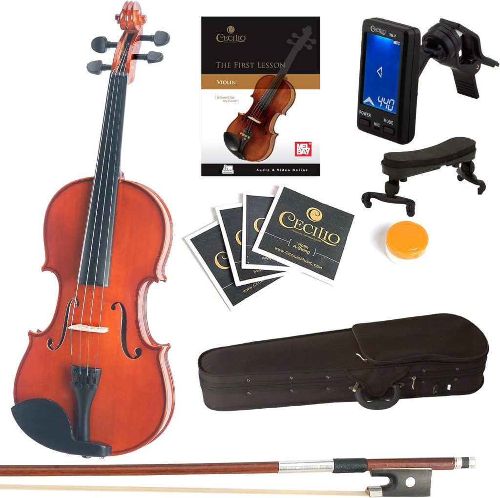 Mendini By Cecilio Violin For Kids  Adults - 4/4 MV300 Satin Antique, Student or Beginners Kit w/Case, Bow, Extra Strings, Tuner, Lesson Book - Stringed Musical Instruments