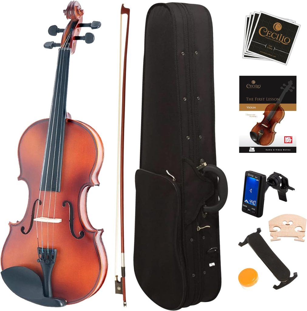 Mendini By Cecilio Violin For Kids  Adults - 4/4 MV300 Satin Antique, Student or Beginners Kit w/Case, Bow, Extra Strings, Tuner, Lesson Book - Stringed Musical Instruments