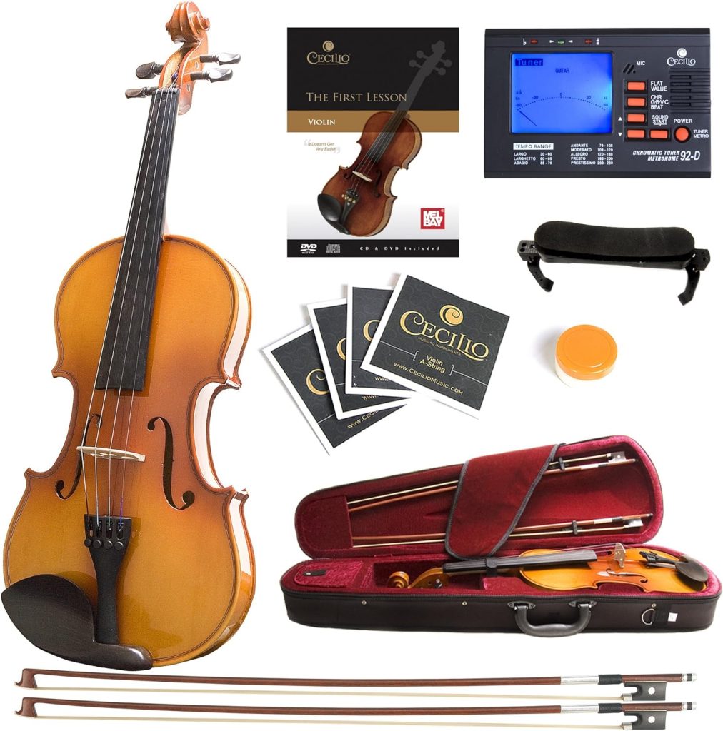 Mendini by Cecilio Violin Instrument – MV400 Size 1/2 Acoustic Violin with Bow, Case, Tuner, Metronome  Extra Strings, Kids  Beginner Violin, ﻿Maple Varnish, 1/2 Violin