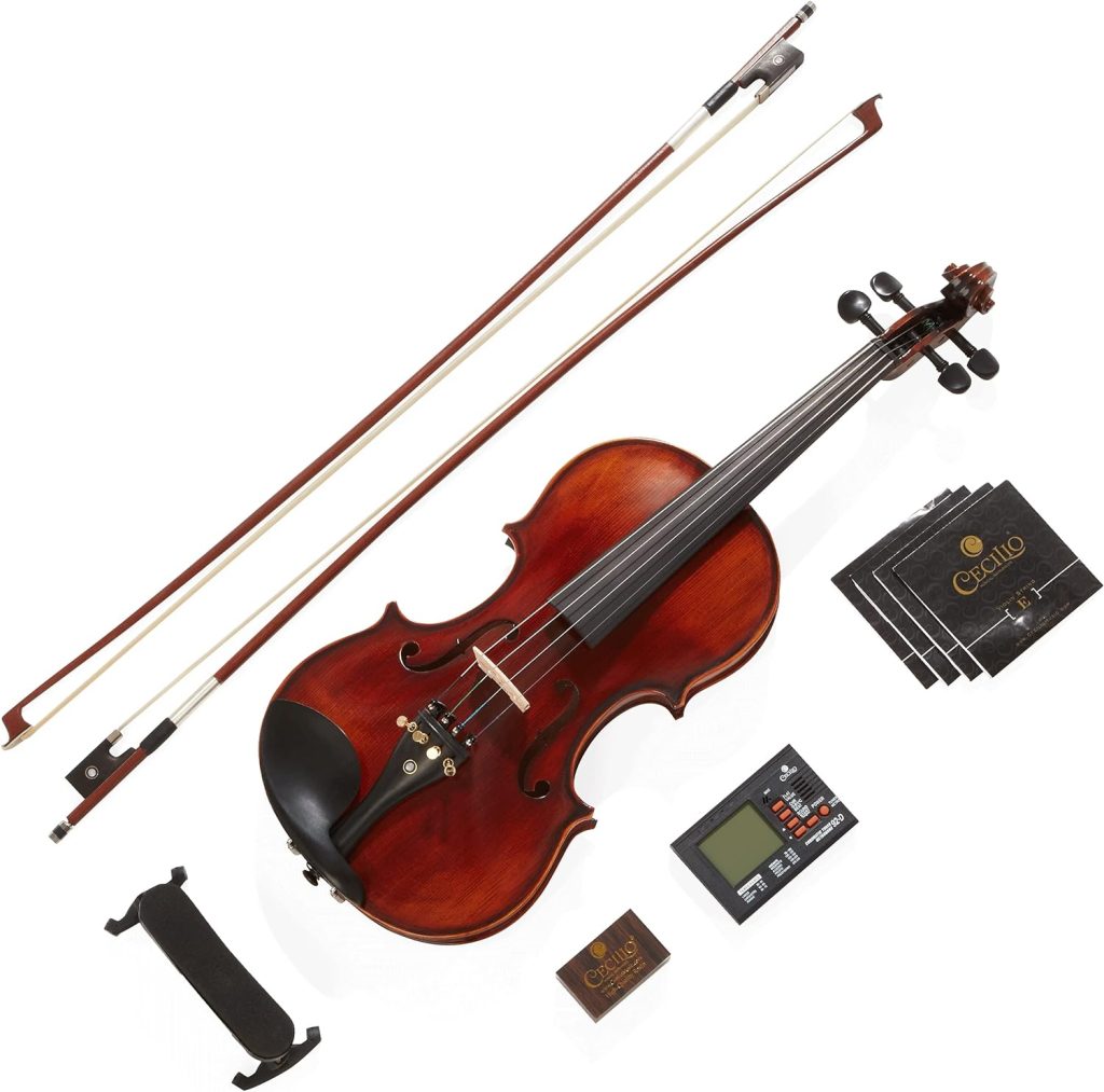 Mendini By Cecilio Violin - MV500+92D - Size 3/4, Black Solid Wood - Flamed, 1-Piece Violins w/Case, Tuner, Shoulder Rest, Bow, Rosin, Bridge  Strings - Adult, Kids