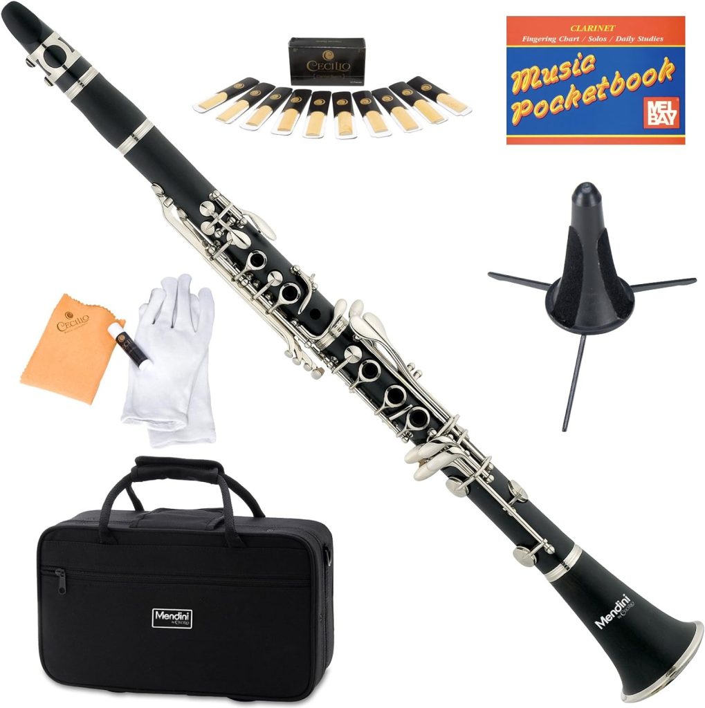 Mendini by Cecillo Bb Clarinet w/Case - Best Beginners Clarinet for Students, Adults and Kids w/Stand, Pocketbook, Mouthpiece and 10 Reeds - Wind  Woodwind Musical Instruments - Blue