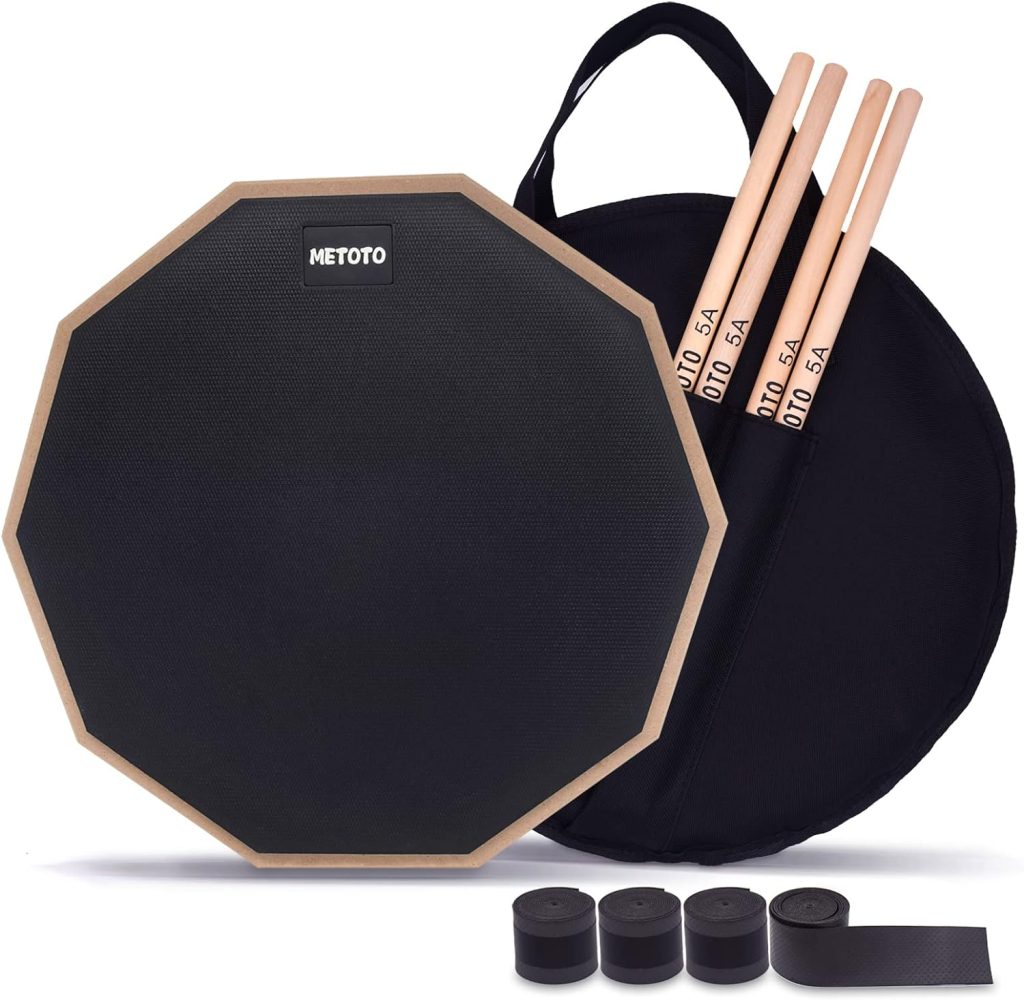 METOTO Snare Drum Practice Pad for Drumming,12-Inch Double Sided Practice Drum Pad and Sticks（2 Pairs),Drum Pads Storage Bag,Drum Practice Pads (Black)