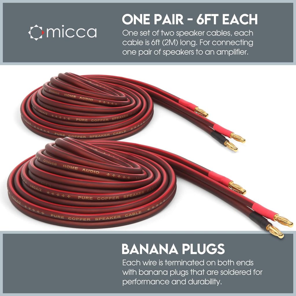 Micca 14 Gauge Pure Copper Speaker Wire, 12 Feet 2 Pack, Gold Plated Banana Plugs, Soldered Construction, Slim Design, 245 Strands, for Stereo or Home Theater, 4 Meters Pair