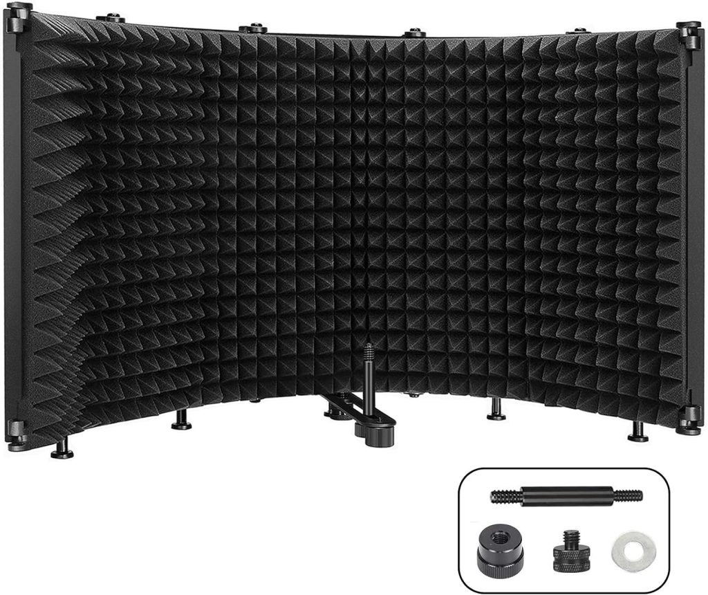 Microphone Isolation Shield, 5-Panel Pop Filter Professional Foldable Vocal Booth High Density Absorbent Foam Suit for Blue Yeti  Any Condenser Mic, Studio Sound Recording Podcasts Singing